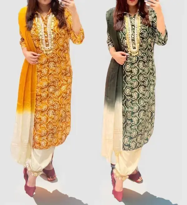 [Ready SG Stock- Size L XL 2XL] Rayon Yellow & Green Afgani\Pathani Punjabi 3 Pcs with Dupatta Suit [Indian Dresses] Traditional Womenswear