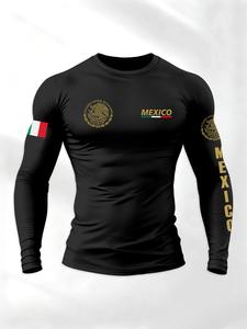 Camiseta de hombre de manga larga con estampado del emblema y bandera nacional de México, de tejido de compresión, corte entallado y transpirable, ideal para uso casual y deportivo