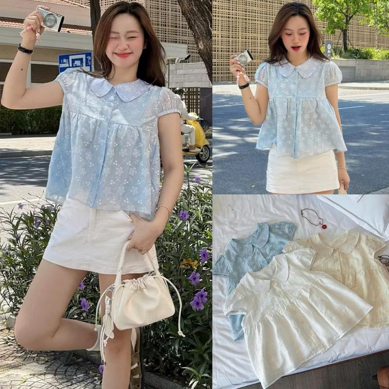Áo sơ mi nữ A.765 Áo babydoll tay ngắn dáng vừa cổ sen 2 lớp tơ nhăn hoa lót lụa trong basic dễ phối đồ - Shop Chấm Bi