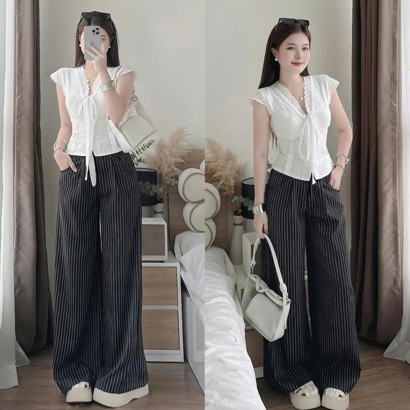 Set bộ nữ áo ren hoa thiết kế cổ V cột dây nơ ngắn tay kèm quần kaki sọc ống rộng sang chảnh xinh xắn cho các nàng diện đi chơi đi tiệc.women top 