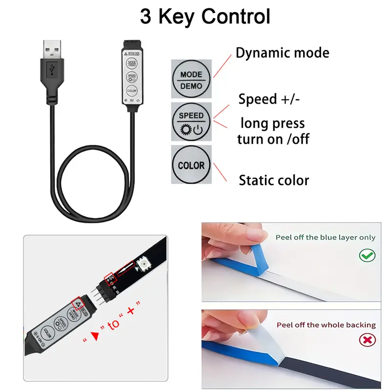 Dải đèn LED USB, thiết kế đơn giản, DV5V, đèn trang trí nhà cửa, màu RGB 5050, 3 phím, đèn Neon 1