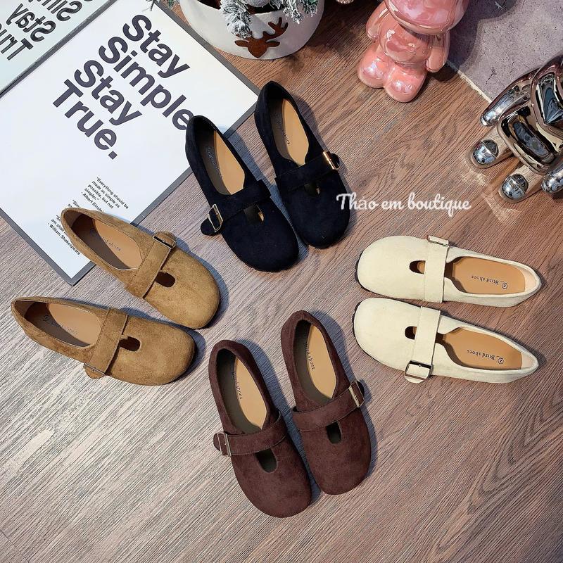   Thảo Em - BB583  Giày bệt búp bê nữ đế thấp da lộn mềm mũi đính quai khoá sang chảnh  QCCC - Có Sẵn  