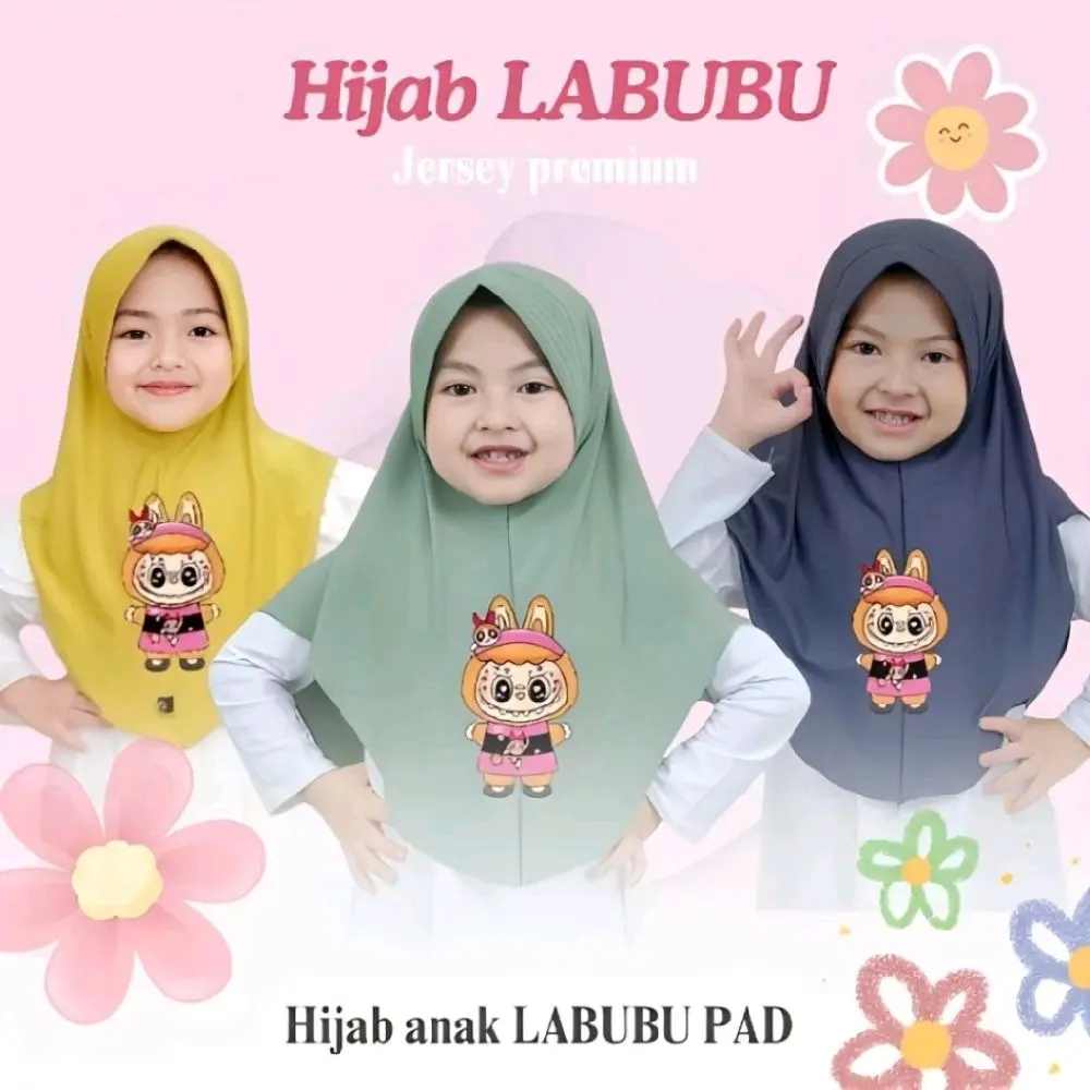 Hijab Anak Labubu Jersey Premium Hijab Karakter Kerudung Instan Anak Umur 2-10 Tahun Muslim Terbaru Terlaris Nyaman Halus Jersey Premium Sekolah