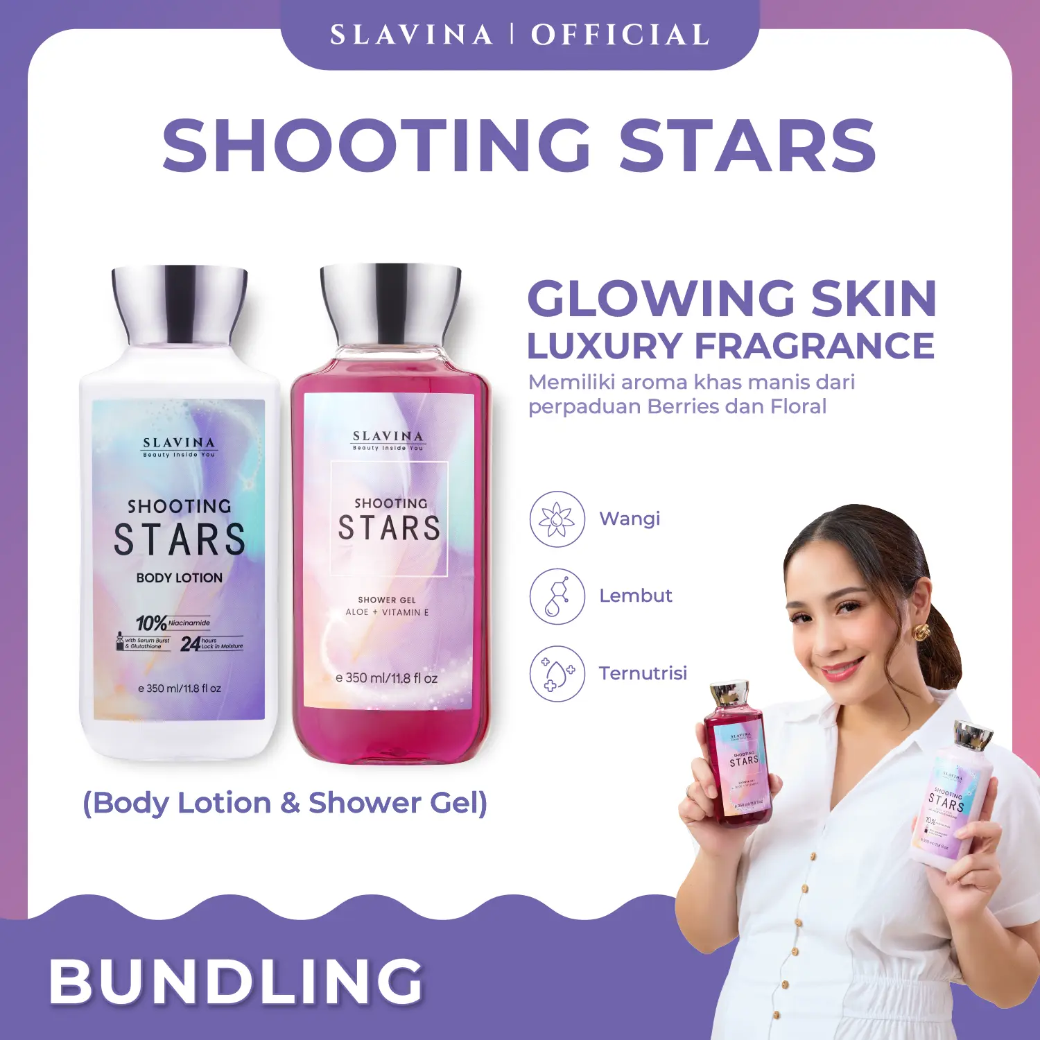 SLAVINA Shooting Stars Body Care Body Lotion dan Shower Gel by Nagita Slavina Moisturizer dan Sabun Mandi Cair 350ml Bunga Peach Glutathione Perawatan Kering Vitamin