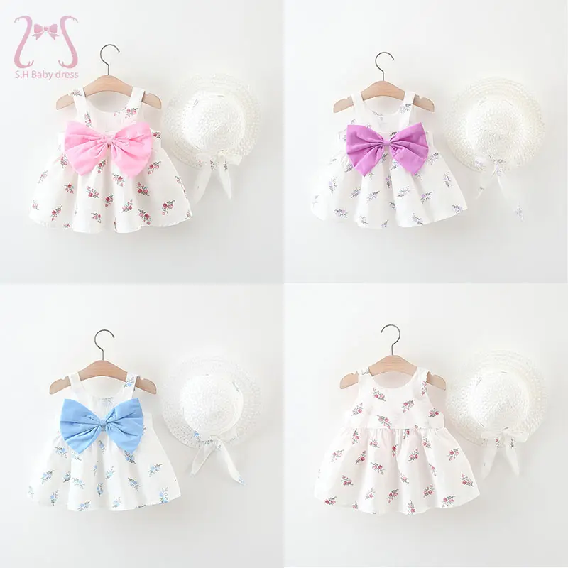 2Pcs/Set Delicate Kids' Clothing Sweet Floral Bow Baby Girl Dresses Summer Thin Cute Toddler Costumn 0-3 Y Infants Clothes + Hat