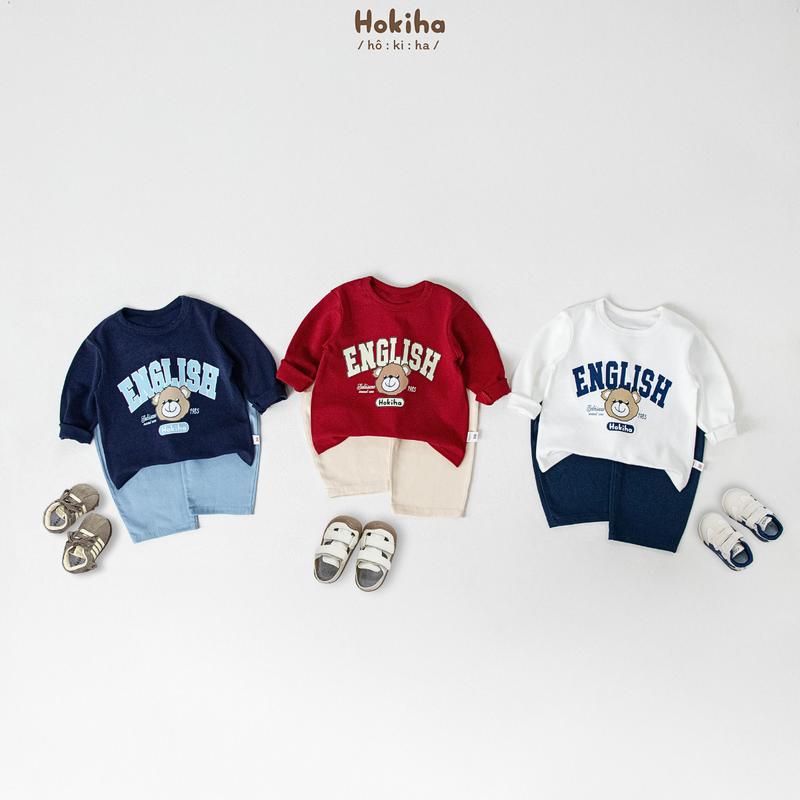 [Hokiha] new 2 B195-Bộ quần áo dài tay in hình gấu dễ thương cho bé trai bé gái áo cotton quần kaki mềm mại, thoáng mát size 8-17kg