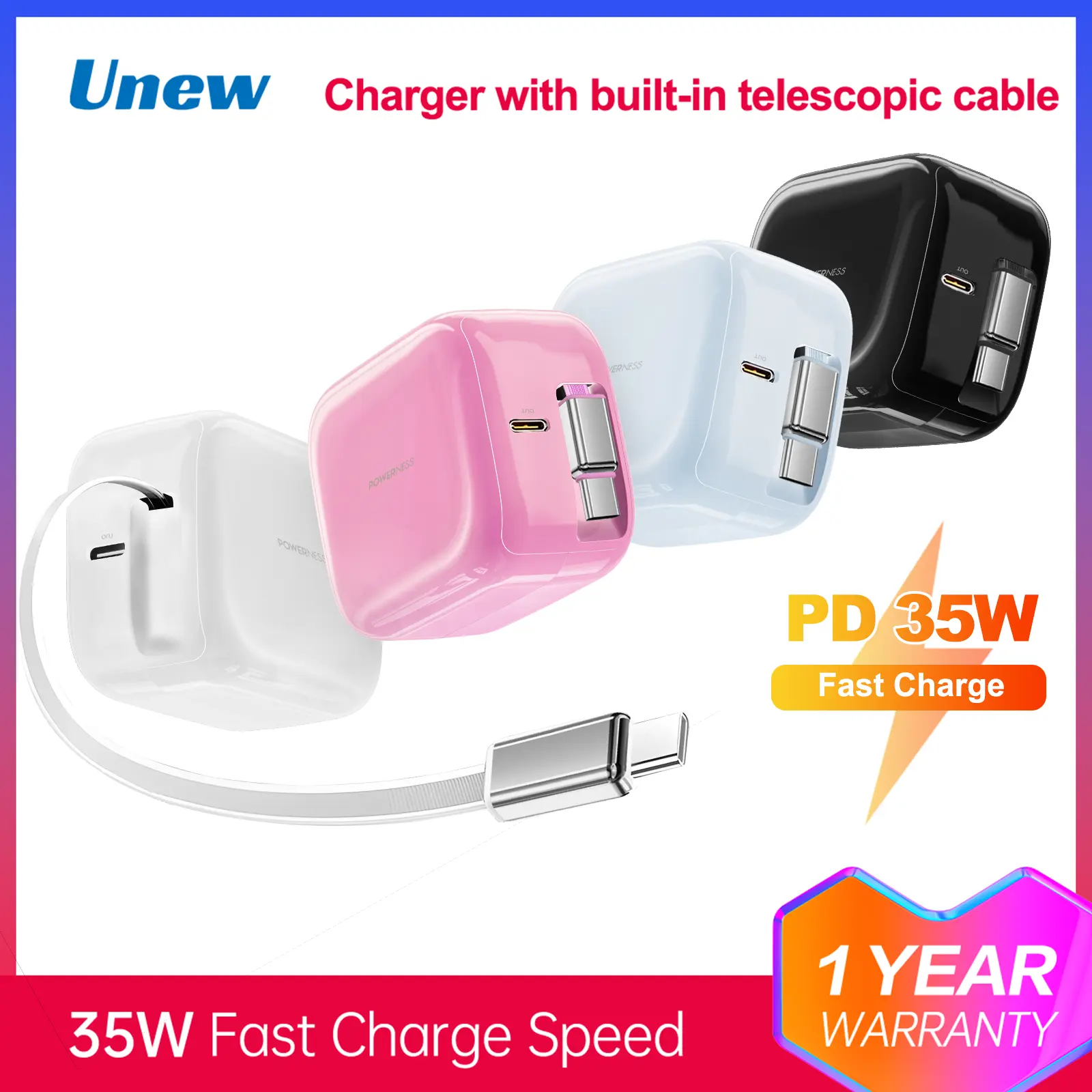 Unew Charger USB-C Type-C Adapter 35W Fast Charger, Cable Length Up to 60cm Retractable, Traveling Charger for iPhone Xiaomi