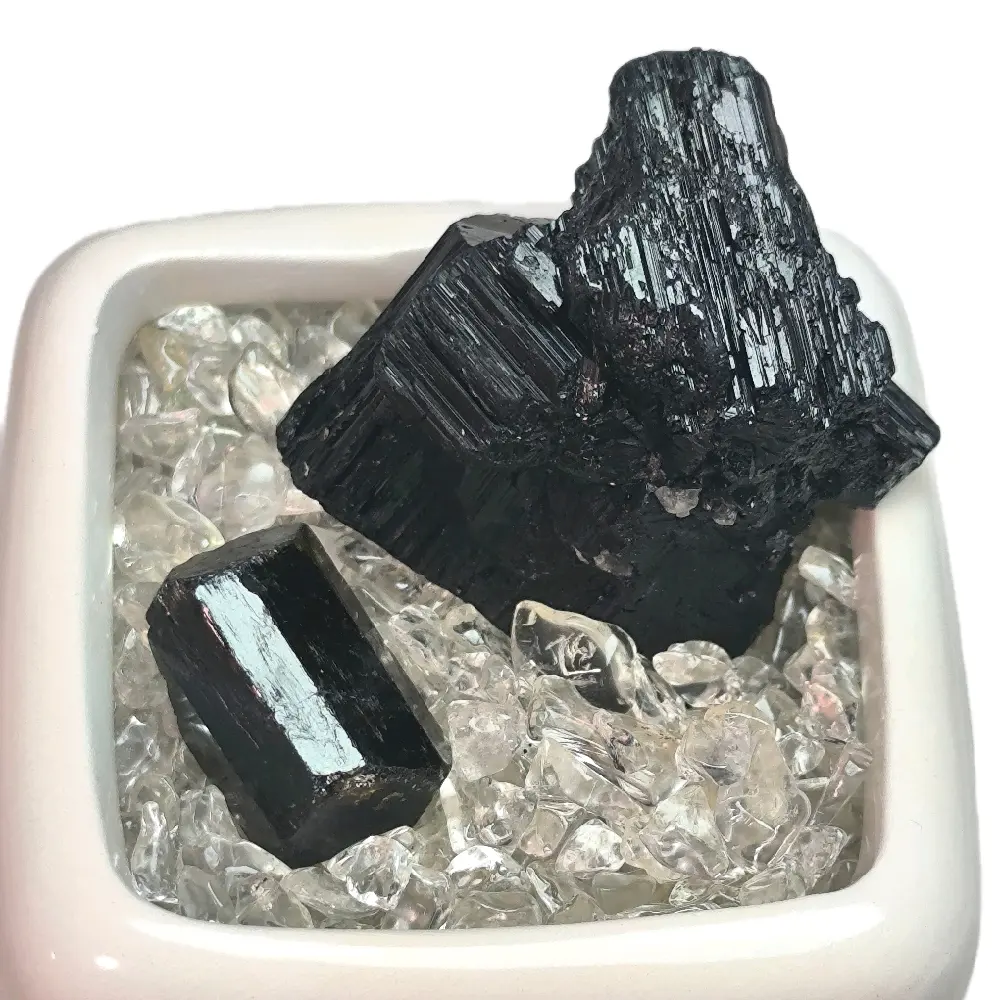 Mozambique black tourmaline Unique formation+ Nepal black gold + brazil clear quartz Toumaline in ceramic pot