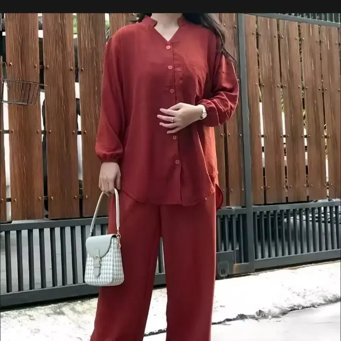 KEMEJA SETELAN WANITA DEWASA JUMBO - ATASAN WANITA DEWASA - STELAN DEWASA BAHAN CRINKEL AIRFLOW Baju Celana Panjang Kerah Balon  Crinkle Standar Linen Casual Bawahan Nyaman Variasi Blazer 5