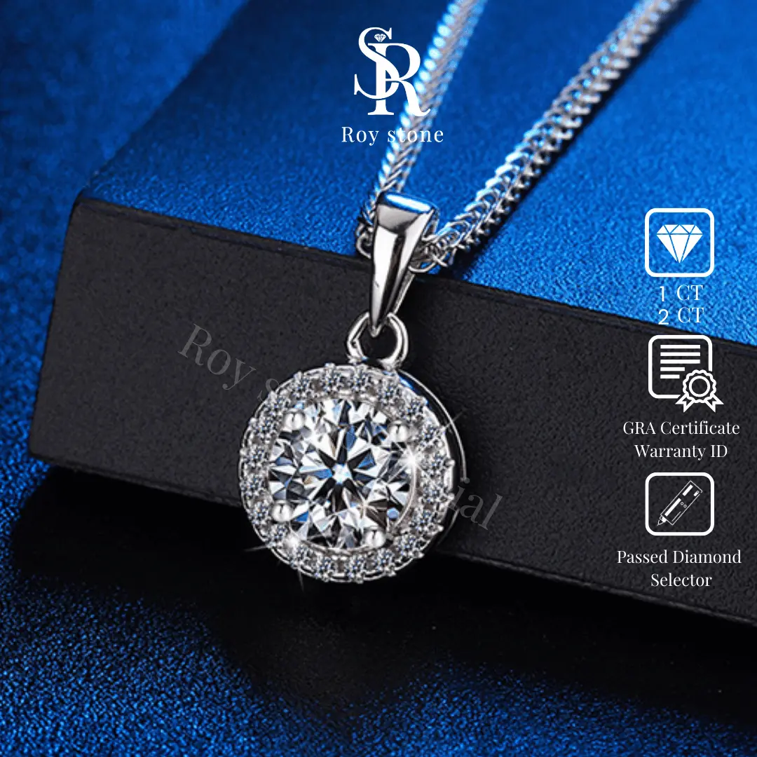 RoyStone – Kalung Moissanite Original Wanita Sertifikat GRA Perhiasan Silver Asli Lapis Emas Putih 18K Anti Karat Desain Simpel Elegan Wedding Engagement Necklace Birthday Gift_ Simple Round Necklace