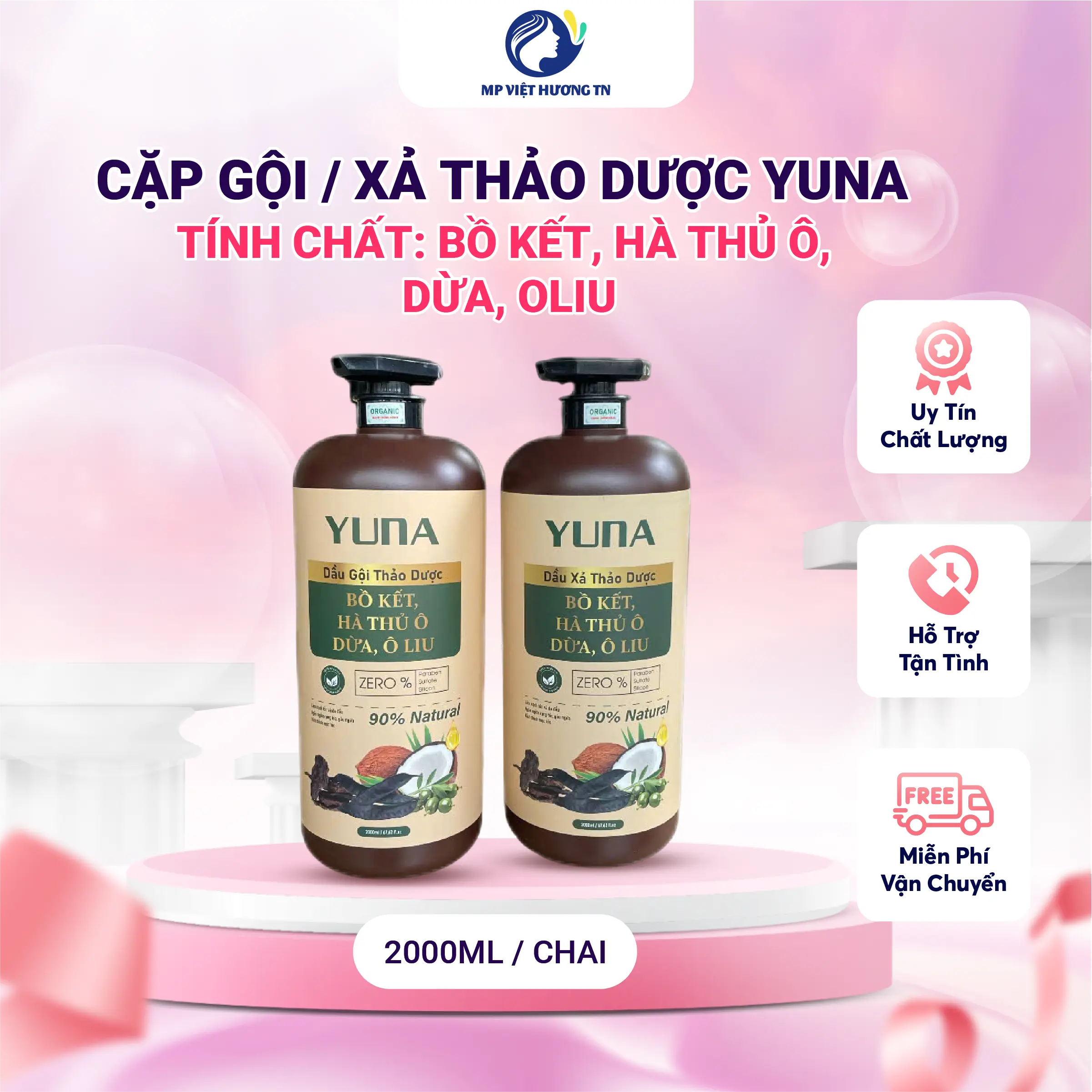 (Chai 2000ml) Cặp Dầu gội, Dầu xả Thảo Dược YUNA với tinh chất bồ kết, hà thủ ô, dừa, oliu phục hồi hư tổn, giảm gàu ngứa, hương thơm tự nhiên, phù hợp gội đầu dưỡng sinh