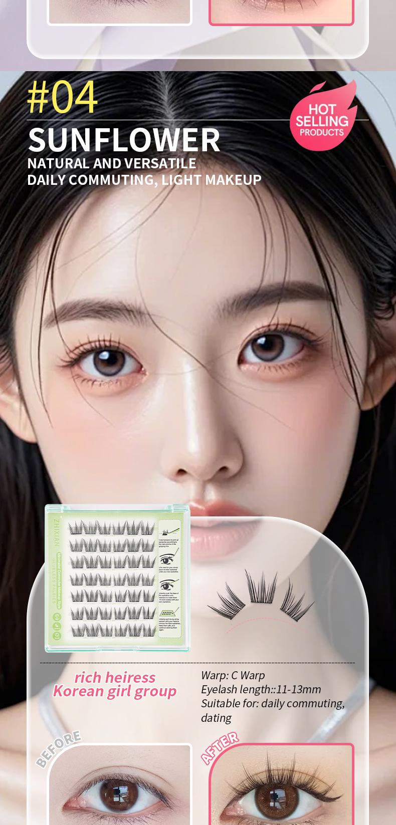 ZhiXian Bulumata palsu pemula bebas lem tidak perlu menggunakan lem bulu mata palsu dapat digunakan kembali Eyelash extension set C Curl False Eyelash Length 10-12 mm