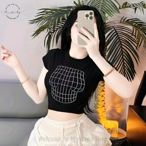 Áo Thun Ngắn Dáng Croptop Chất Borip Form Basic Ôm Body Nữ Đính Phụ Kiện Đá Lấp Lánh Hình Body, Size S M L, Áo Croptop Ôm Body Nữ Áo Kiểu Xinh Đẹp In Hình Độc Lạ Đi Biển Đang Hot 2025 Mặc Hè Mặc Nhà Mặc Đi Chơi Bigsize 65kg