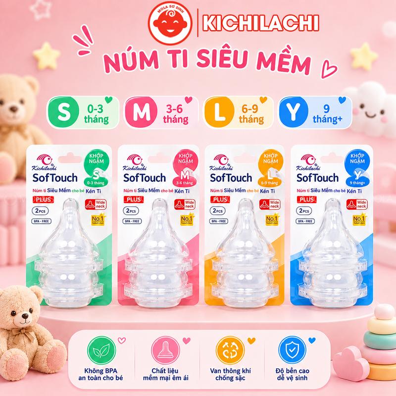 Combo Vỉ 2 Núm Ti Kichilachi Mềm Cổ Rộng PLUS Thế Hệ Thứ 3, Có Khớp Ngậm Cho Bé…