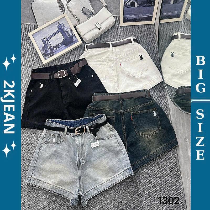 Quần short jean nữ trơn lưng cao thêu thỏ bigsize 55kg - 85kg thời trang QC 2Kjeans MS1302