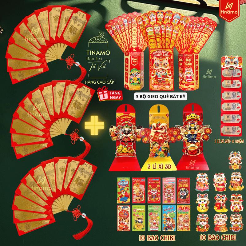 Combo 3 lì xì quạt tặng kèm 3 bộ lì xì gieo quẻ 3 lì xì 3D 10 chibi 10 truyền thống và 1 bao lì xì xếp 6 ngăn TINAMO