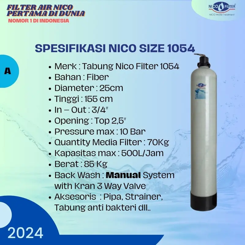 A5. Nico Filter Size 1054 Manual + Media Nico Natural + Media Nico Zat Kapur + Alat Inject & Pengurai Air Water filter air banjir 1