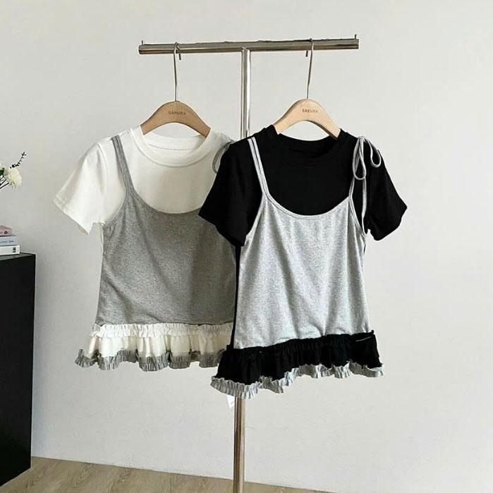 Áo Thun Nữ Ngắn Tay Phối Áo Yếm 2 Dây Viền Bèo Xếp Ly Gấu Áo Trơn Basic 8