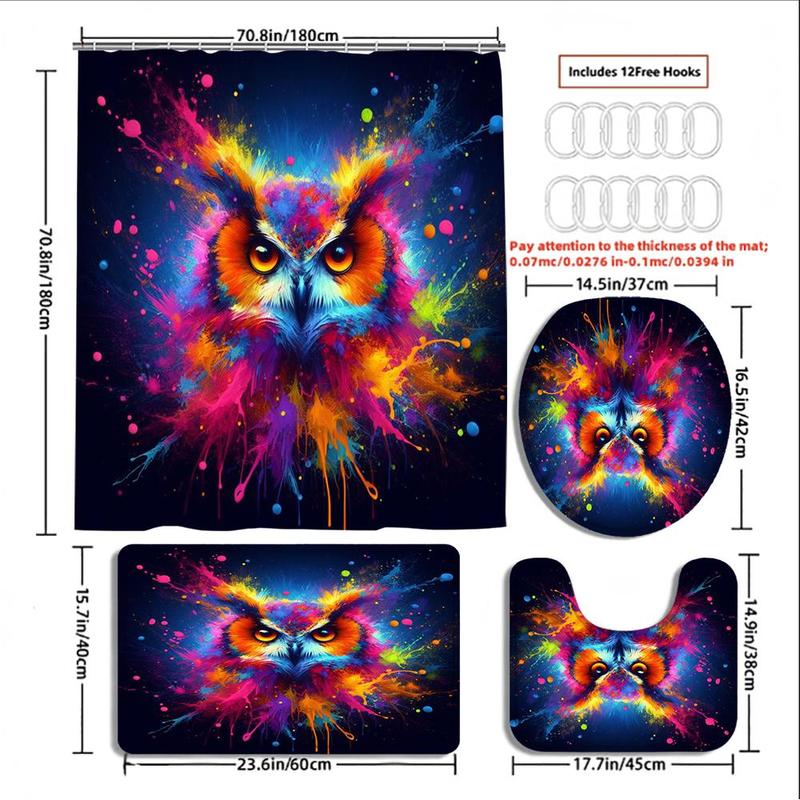 Owl Pattern Bathroom Accessories, 4 Counts/set Including Shower Curtain & Toilet U-shaped Mat & Toilet Lid Cover & Bath Mat, Bathroom Decoration Supplies 1