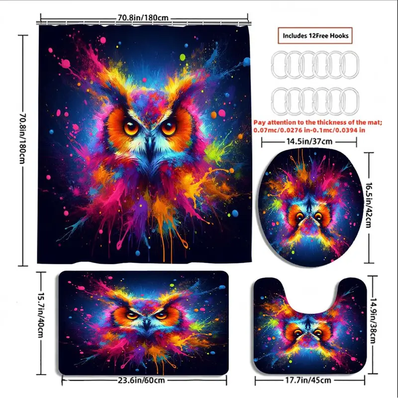 Owl Pattern Bathroom Accessories, 4 Counts/set Including Shower Curtain & Toilet U-shaped Mat & Toilet Lid Cover & Bath Mat, Bathroom Decoration Supplies 1