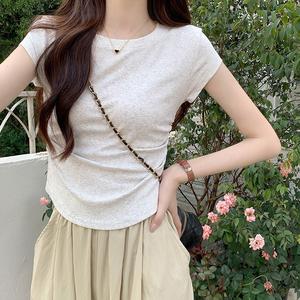 Women's Summer Slim-Fitting Short Sleeve Top, Round Neck Design, Curved Hemline, Stylish Casual Wear, Perfect for Daily 1260# Womenswear Lingerie Basic Crewneck Minimalist Baihua