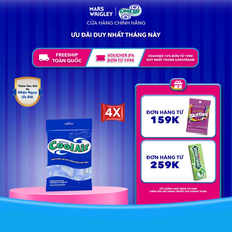Combo 4 Túi Kẹo Candy Sing-Gum Cool Air Hương Bạc Hà - Khuynh Diệp 50 Gói 2 Viên