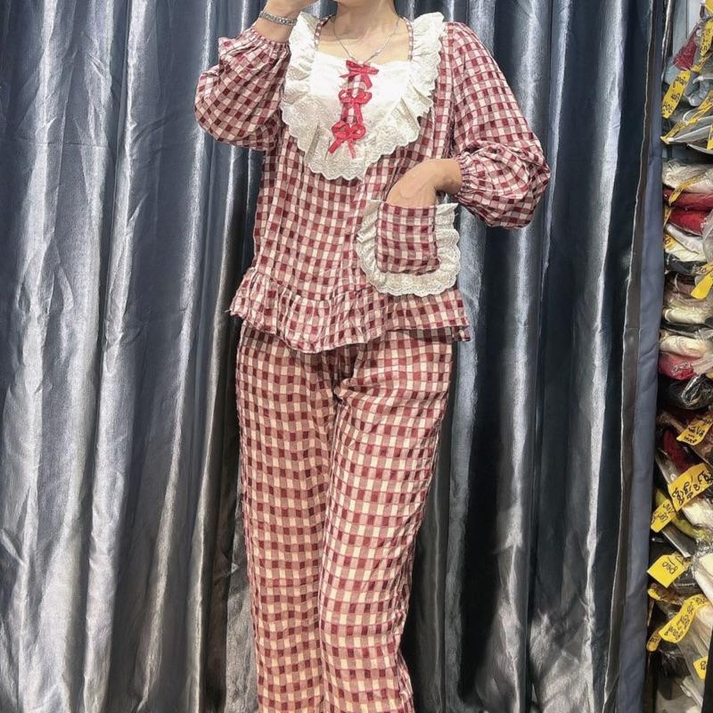 Bộ đũi caro tiểu thư babydoll, bộ mặc nhà dễ thương (40-55kg) quần có túi 3