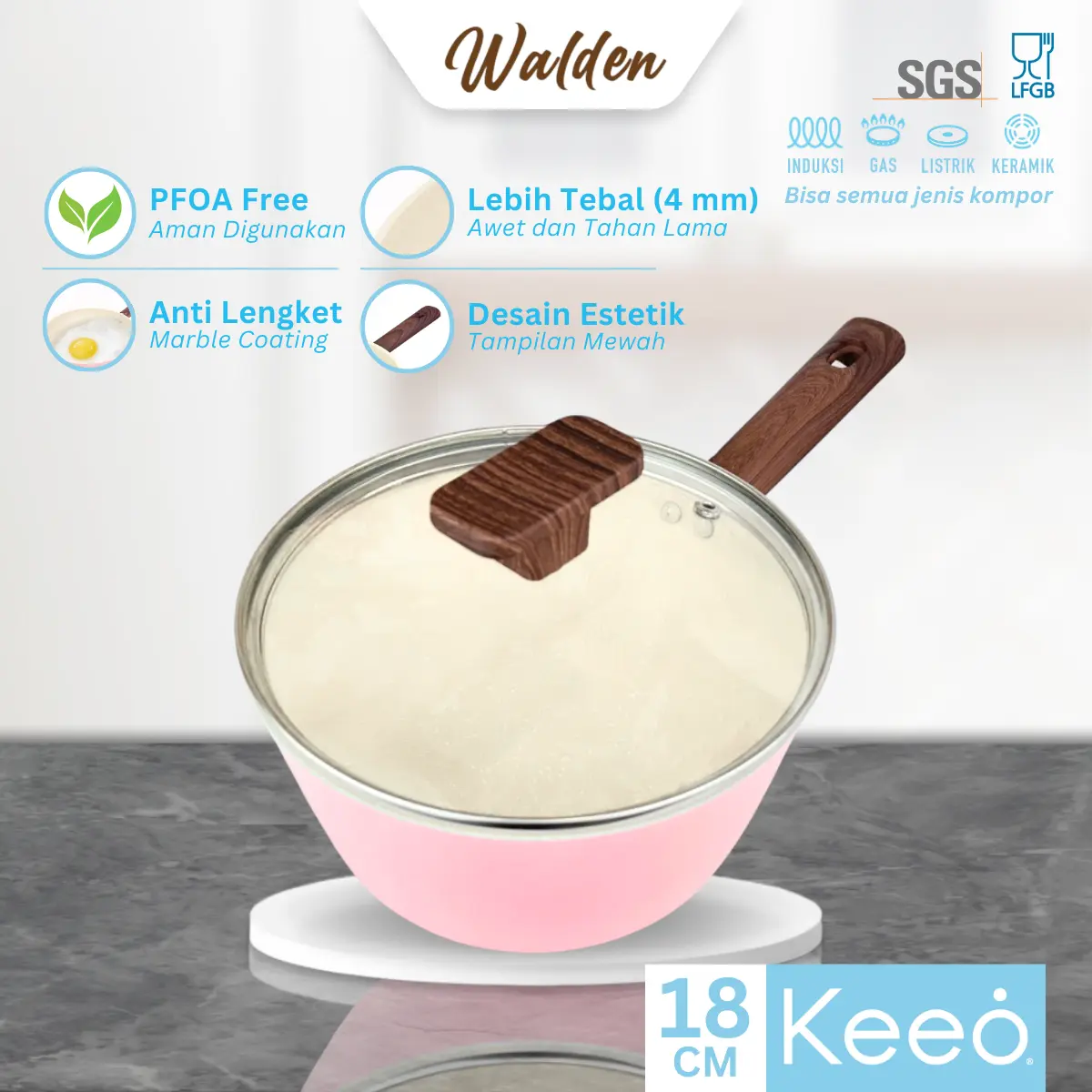 Keeo Walden 18 cm Panci Sauce Pan dan Tutup Kaca Tahan Panas Anti Lengket Marble Granit