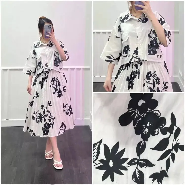 One Set Fuji / One Set Clara Kemeja Crop & Rok Midi Plisket Atasan Bawahan Motif Wanita 0