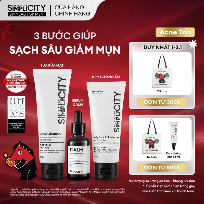  Combo chăm da dầu mụn cho nam Men Stay Simplicity Acne Relief Skincare Trio giảm mụn an toàn gồm: Sữa rửa mặt 100g Serum Calm 30ml & Kem dưỡng ẩm 80g 