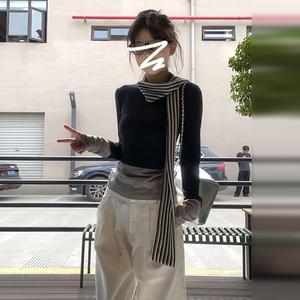 Women's Two-Piece Striped Patchwork Fleece Lined Long Sleeve Top, Fall & Winter Inner Layer Slim Fit Shirt, Casual Fashion 5428# Crewneck Womenswear Short Minimalist