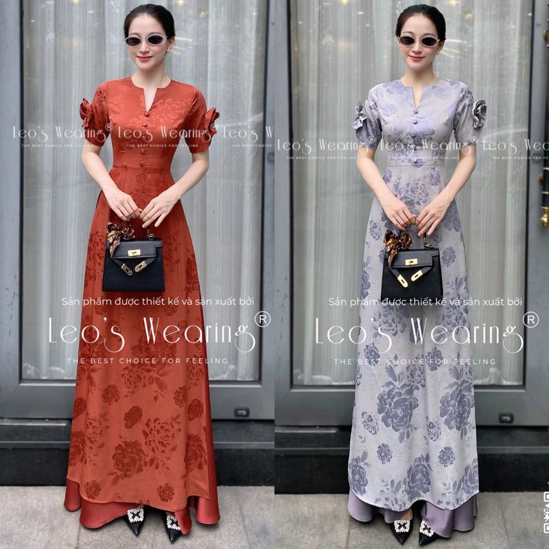 DA631 LEOSWEARING Áo dài cách tân cổ sẻ tay ngắn đính hoa và quần lụa tiểu thư