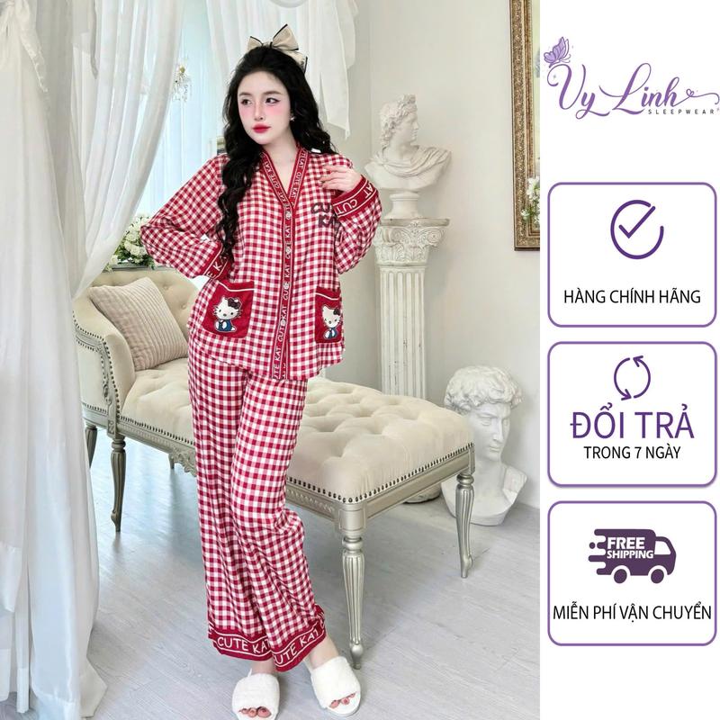  Vy Linh SLEEPWEAR Bộ Đồ Ngủ Tay Dài Cổ Y Dành Cho Nữ Hoạ Tiết Sọc Caro Chất Liệu Vải Lụa Latin Cao Cấp S1081-Sọc 
