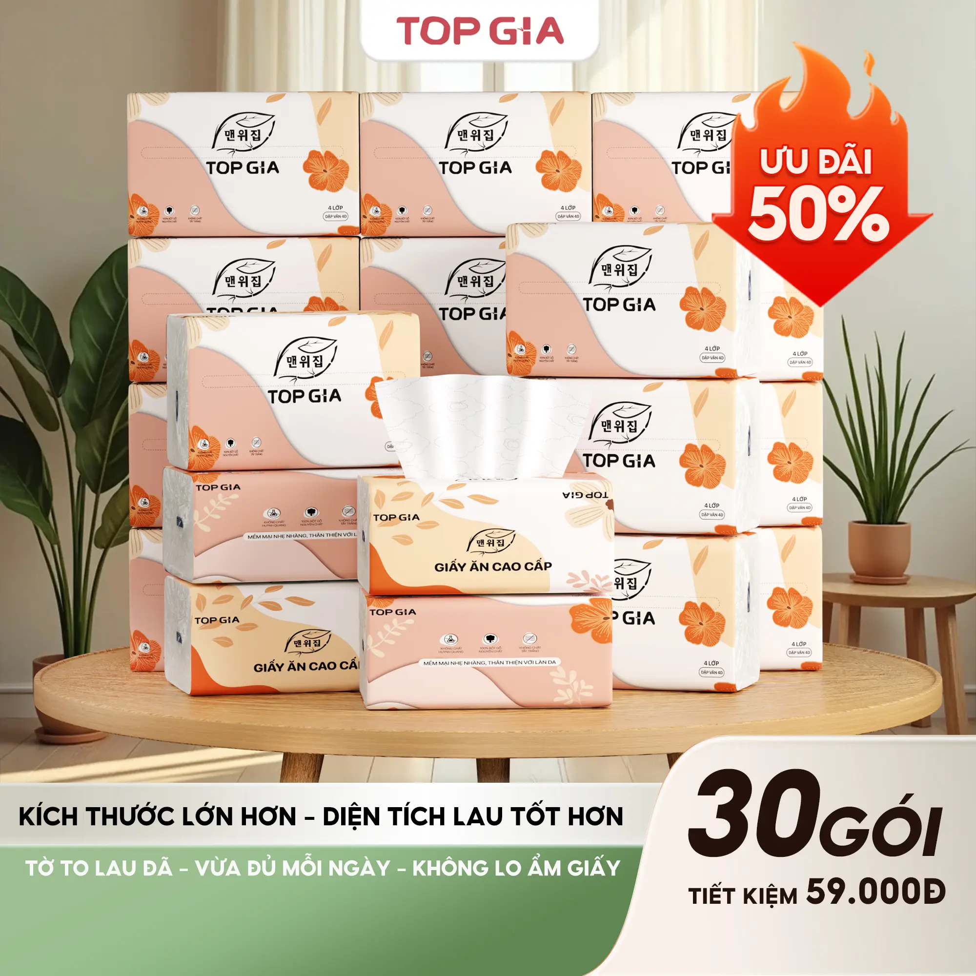 (HN_HCM) Khăn giấy sắc hạ bản to, Giấy ăn phiên bản to dùng thoải mái hơn, khăn giấy cao cấp Top Gia, giấy ăn 4 lớp dập vân 4D bền chắc mềm mịn, khăn giấy vệ sinh