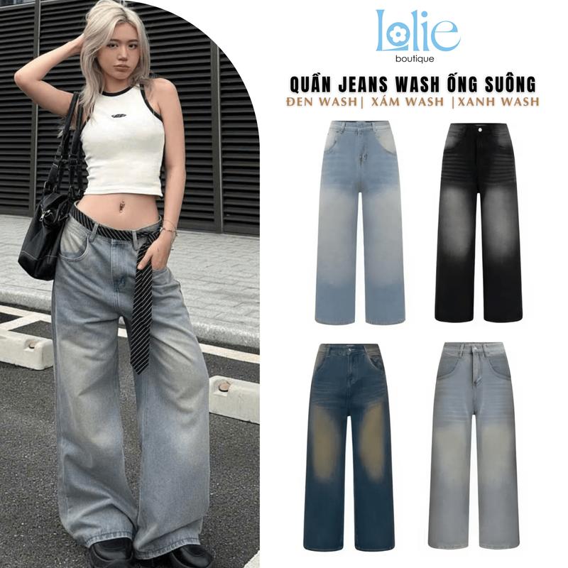 Quần Bò Xuông Ống Rộng Wash Cạp Cao LOLIE Form Rộng Màu RETRO, Quần Jean Ống Rộng Suông Nữ lưng cao có BIGSIZE S-2XL  Pants Baggy