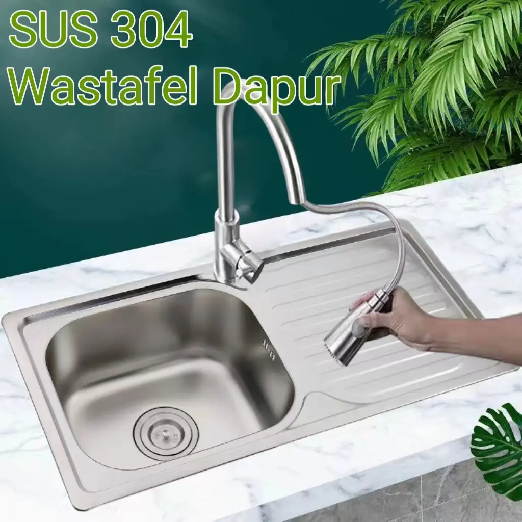Wastafel Cuci Piring Wastafel Dapur Dari Baja Tahan Karat Dengan Papan Peniris Dan Saringan