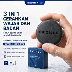 Bromen 3 in 1 Brightening Wajah dan Badan 50g - Sabun Batang Mandi Pria   Perawatan  dengan Activated Charcoal | Skincare Cowok | Cleansing Minyak Dan Mencerahkan Muka Pria | Soap Bar to Brighten, Smooth, and Refresh Skin