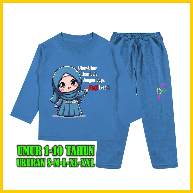 Baju Tidur Anak Perempuan Gambar Muslim Kata kata Ubur Ubur Ikan Lele Setelan Lengan Panjang - Baju Anak Fashion Celana 2