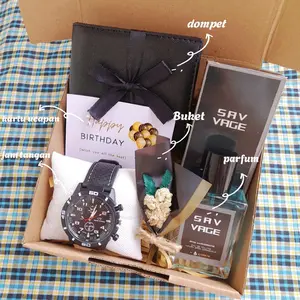 Hampers Gift Box Jam Tangan Dompet Parfum Buket Mini + Free Kartu Ucapan(pria)