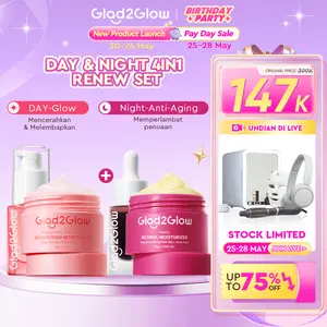Glad2Glow Day&Night Renew Bundle 4in1- 4 PCS Barrier Skincare Paket-Brightening Moisturizer+Retinol Moisturizer+Brightening serum + Peeling serum Ceramide Kering Membersihkan Wajah Acid Mencerahkan Vitamin | tone cream wajah skincare murah