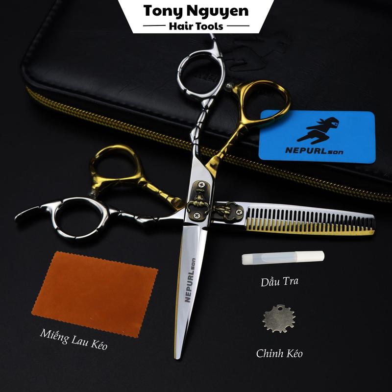Bộ Kéo Cắt, Kéo Tỉa Nepurlson Đầu Trâu Cắt Tóc Chuyên Nghiệp Kèm Lược, Bao Da, Chinh Kéo, Dầu Tra Và Miếng Lau Kéo - K01