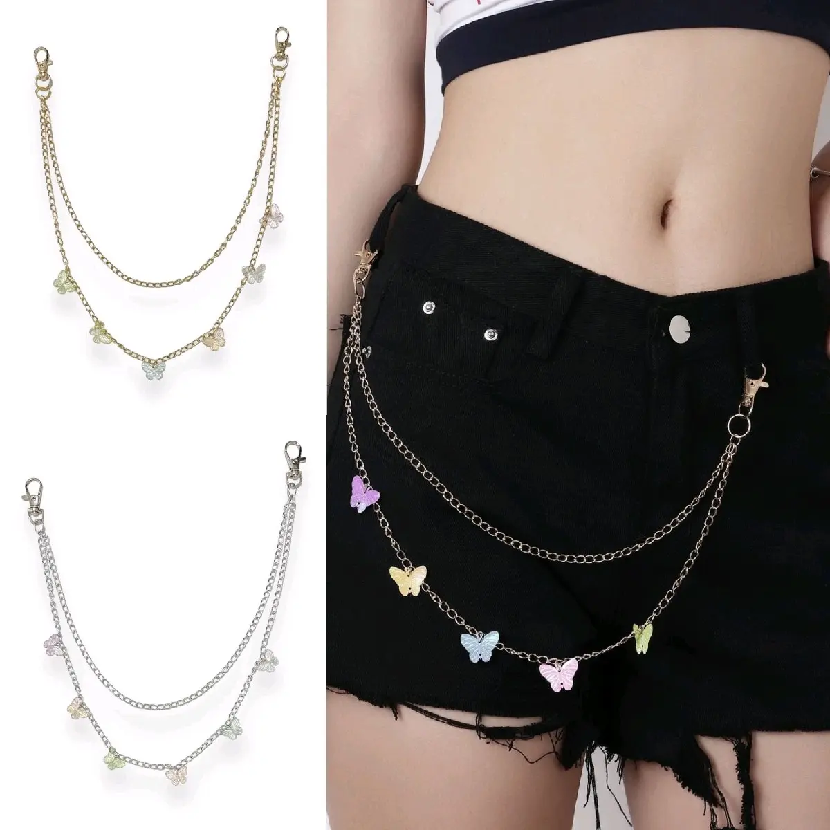 Rantai Celana Bindi Butterfly Kupu Kupu Warna Warni Dua Layer Rantai Dompet Pants Chain Multilayer Gantungan Jeans