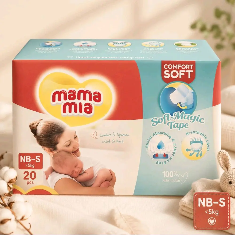 Mama Mia Comfort Soft Soft-Magic Tape NB-S <5kg isi 20 Pcs Popok Bayi Lembut Nyaman 100% Katun untuk Bayi Berat Kurang dari 5kg
