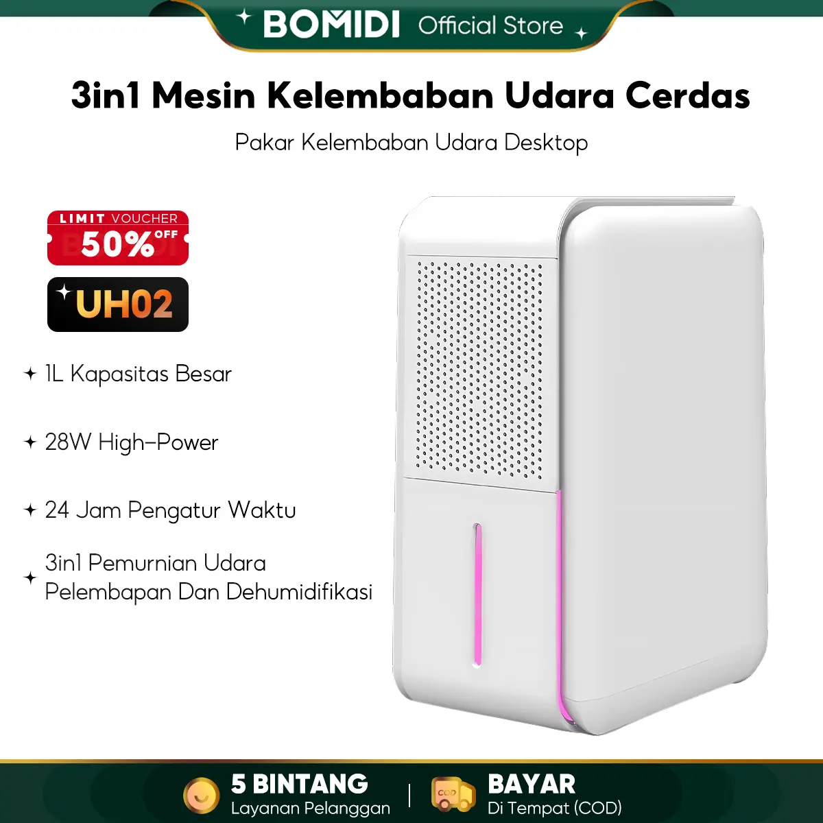BOMIDI UH02 3in1 Mesin Kelembaban Udara Cerdas Air Humidifier & Air Purifier & Dehumidifier 1L Kapasitas