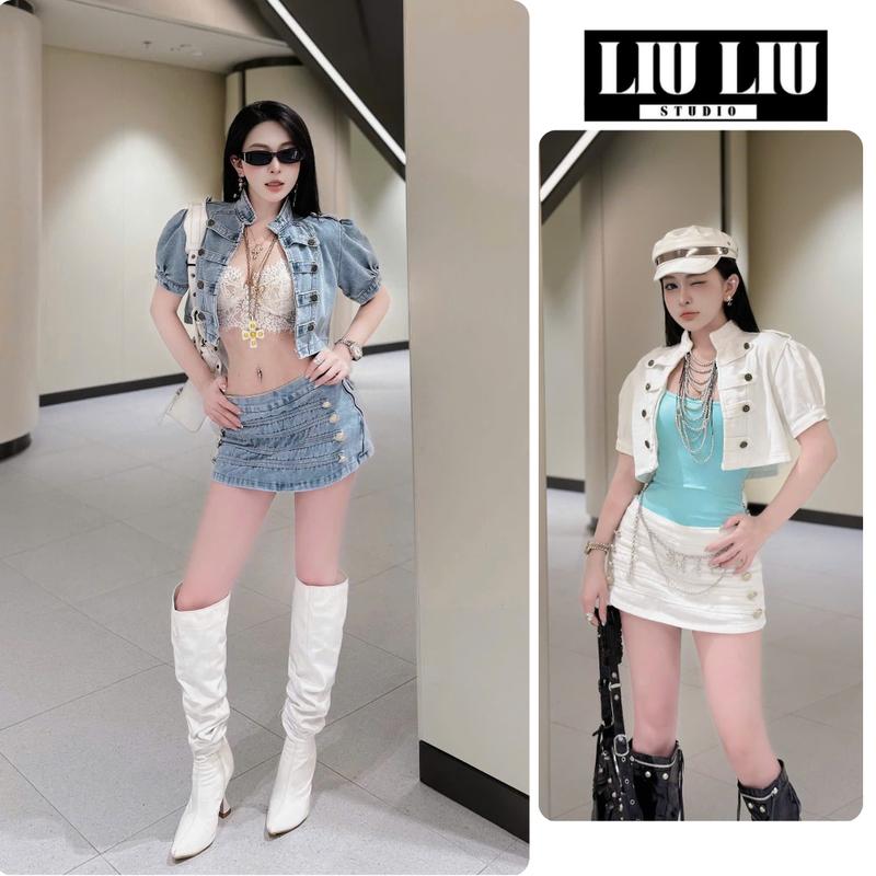 LIULIU- Áo khoác jean nữ L61 croptop tay phồng cổ trụ đính nút phong cách y2k cá tính thời trang
