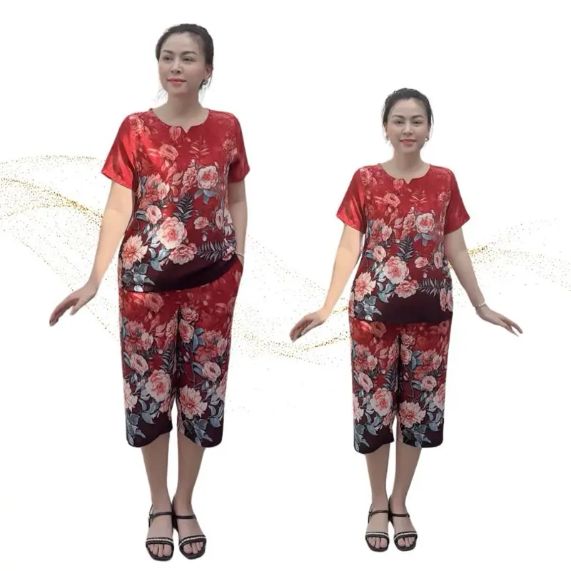 Y4  Đồ bộ trung niên cho mẹ,  bộ lửng mặc nhà chất lụa mango hoạ tiết hoa ,  thoải mái thoáng mát ,không nhăn Nữ Women Top