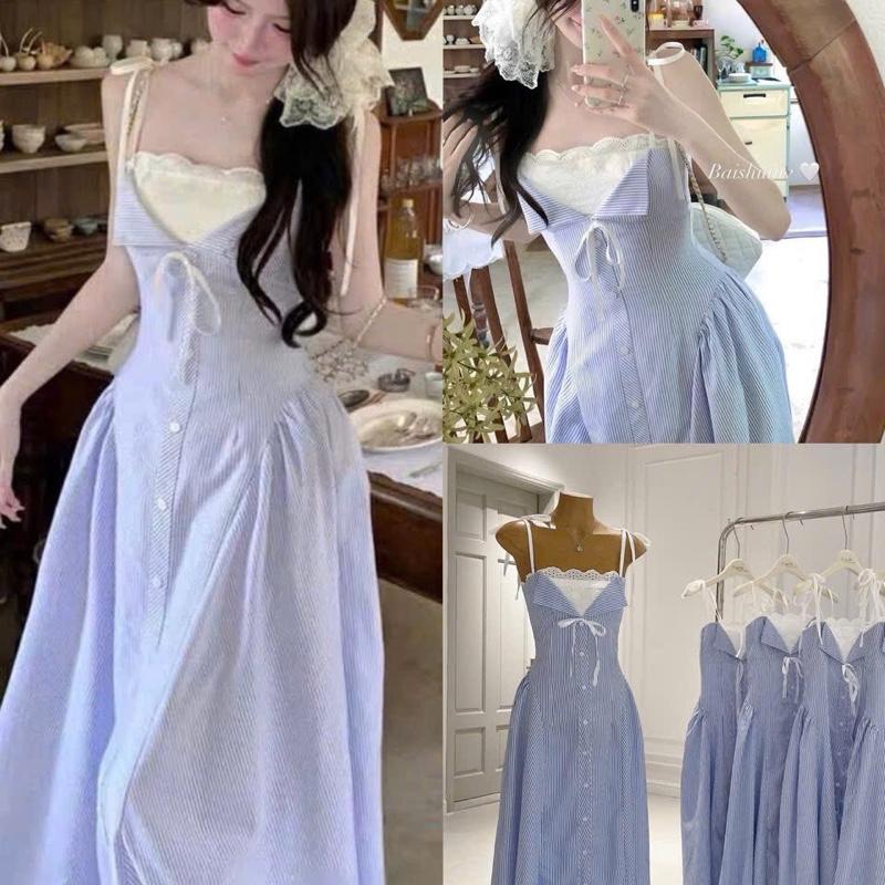  Váy maxi kẻ xanh PHỐI REN buột dây dáng xoè dài sau chạy thun 