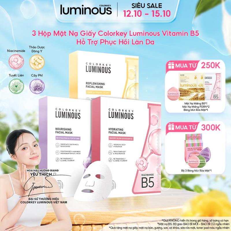 Combo 3 Hộp Mặt Nạ Giấy Vitamin B5 Colorkey Luminous Cho Mọi Loại Da Hỗ Trợ Cấp Ẩm Làm Dịu & Phục Hồi Da (10 Miếng/Hộp)