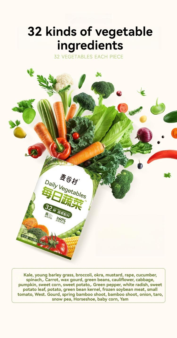 Product Introduction of MAIGUCUN Daily Fruit and Vegetable Extract Compound Meal Replacement Freeze-dried Snacks, Nutritious Breakfast and Dinner, Coarse Cereals Dietary Fiber. 15.5 grams/box (3.1 grams * 5). 2