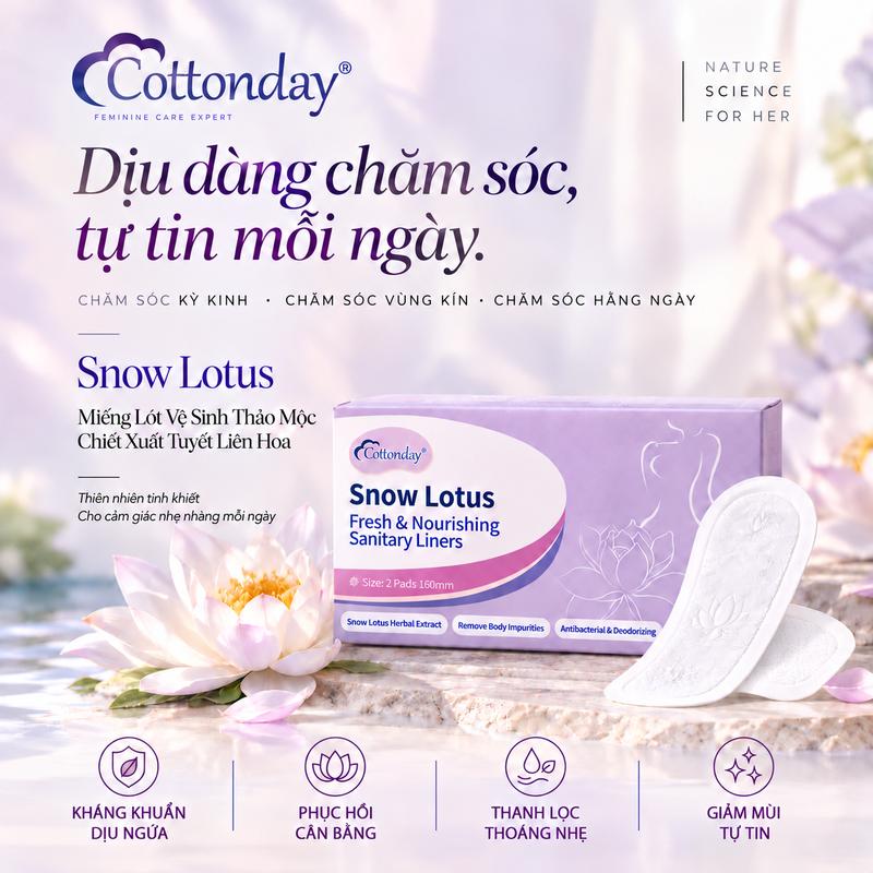 【Mua càng nhiều, giá càng hời】Băng vệ sinh thảo dược Snow Lotus Cottonday, giúp đào thải độc tố, khử mùi, kháng khuẩn, làm ấm tử cung, giảm đau bụng kinh và chăm sóc vùng kín nhạy cảm. 160mm gói 2 miếng chứa14chiết xuất từ thực vật tự nhiên